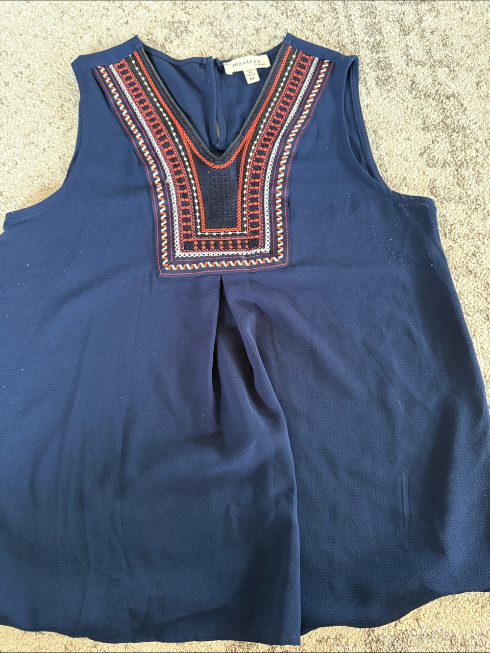Monteau Navy Sleeveless Embroidered Yoke Tank